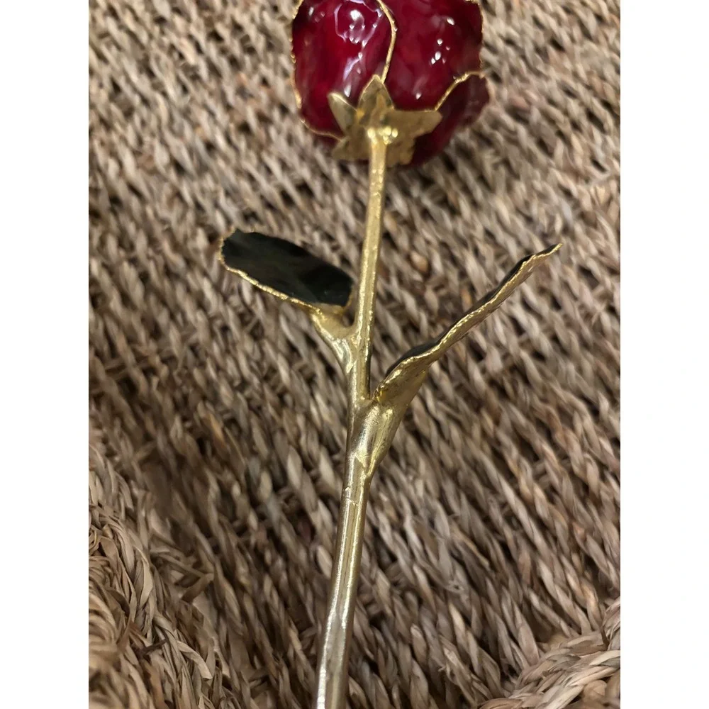 24k Gold Dipped Real Rose Red Lacquer Preserved Long Stem Gold Trim Ornament